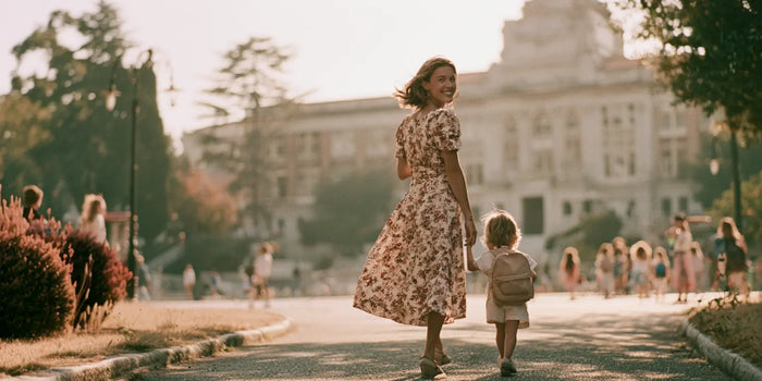 Mutter im floralen Midikleid dreht sich lächelnd um, während sie ihr Kind mit Schulranzen zur Schule begleitet – KI-Illustration