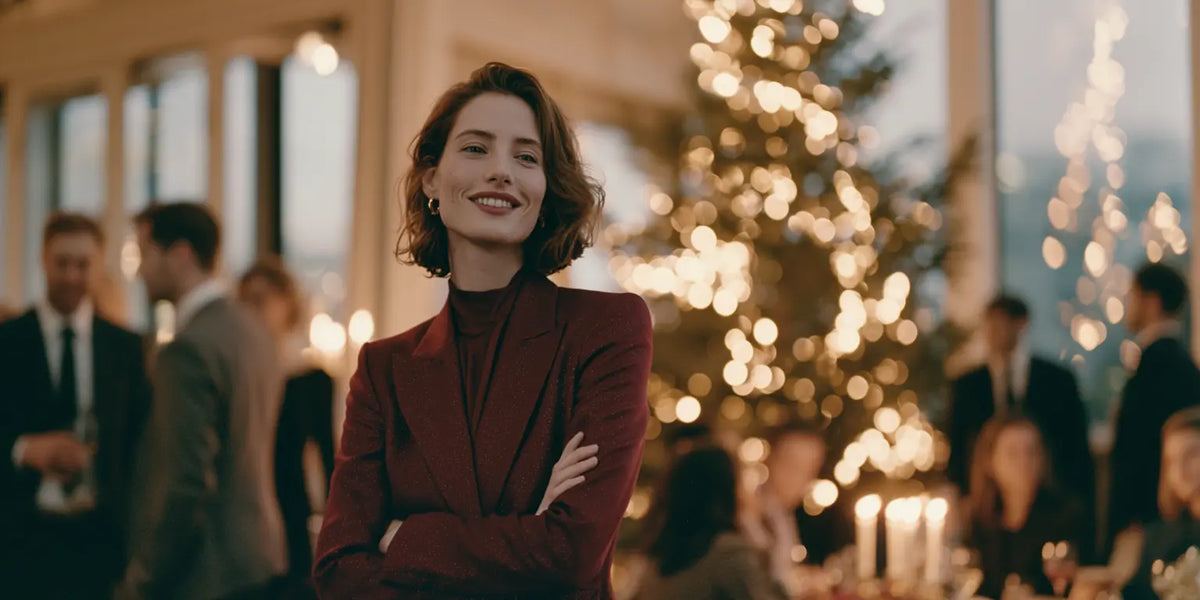 Frau im eleganten weinroten Zweiteiler vor dem Christbaum bei der Firmenweihnachtsfeier – KI-Illustration