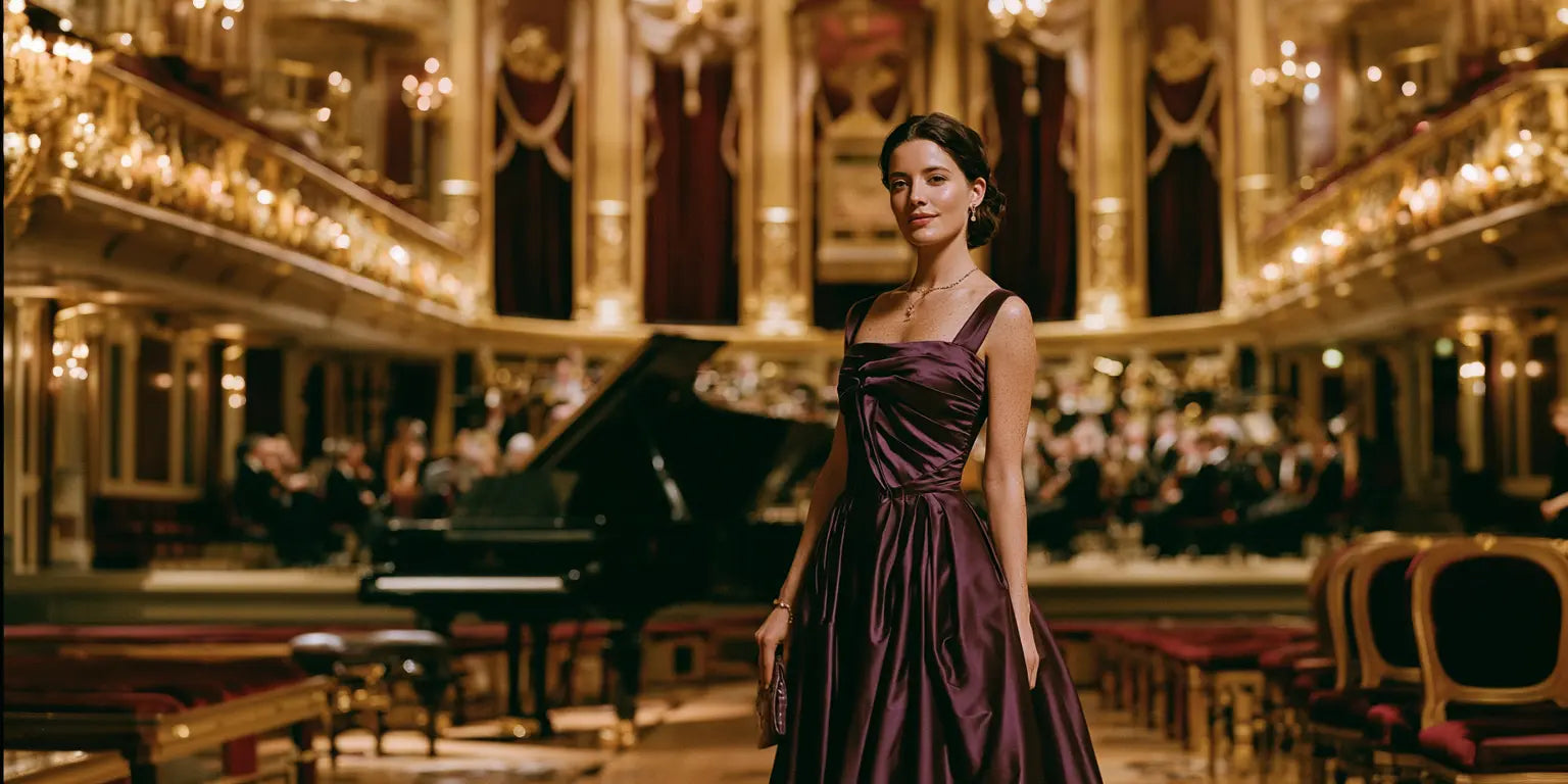 Frau im auberginefarbenen Abendkleid im opulenten Konzertsaal, hinter ihr Flügel und Orchester – KI-Illustration