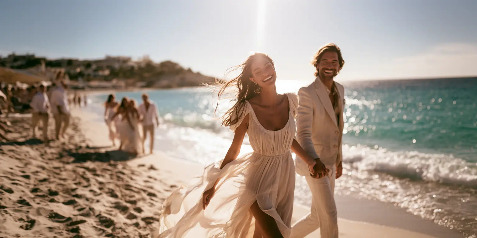 Lachendes Brautpaar läuft Hand in Hand über den sonnigen Strand am türkisen Meer – KI-Illustration