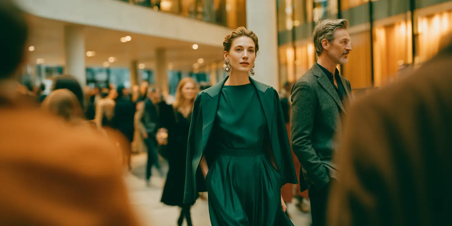 Frau im smaragdgrünen Look mit Cape neben ihrem Begleiter im belebten modernen Theaterfoyer – KI-Illustration