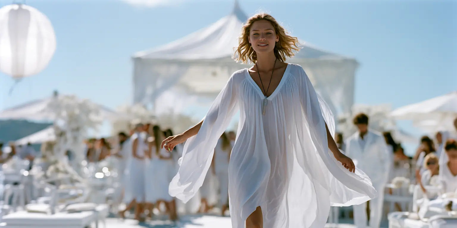 Frau in fließender weißer Tunika auf einer sommerlichen White Party – KI-Illustration