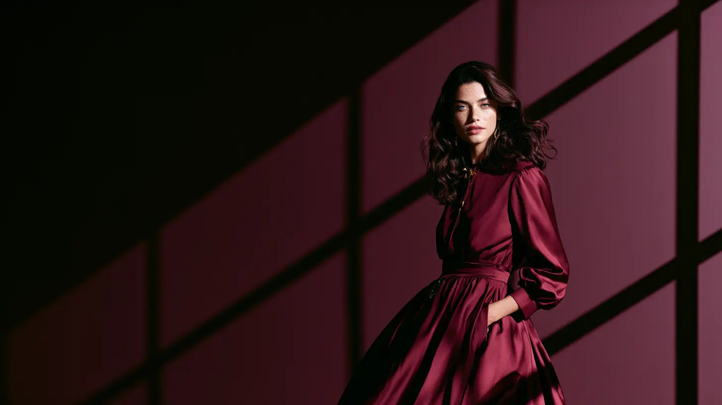  Frau im Cassis-Samtkleid mit Gold-Schmuck vor mulberryfarbener Wand, Editorial-Licht – KI-generiert