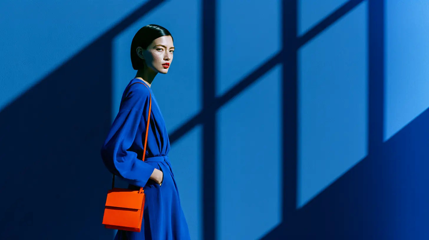 Frau im royalblauen Look mit orangefarbener Tasche vor blauer Wand – KI-generiert