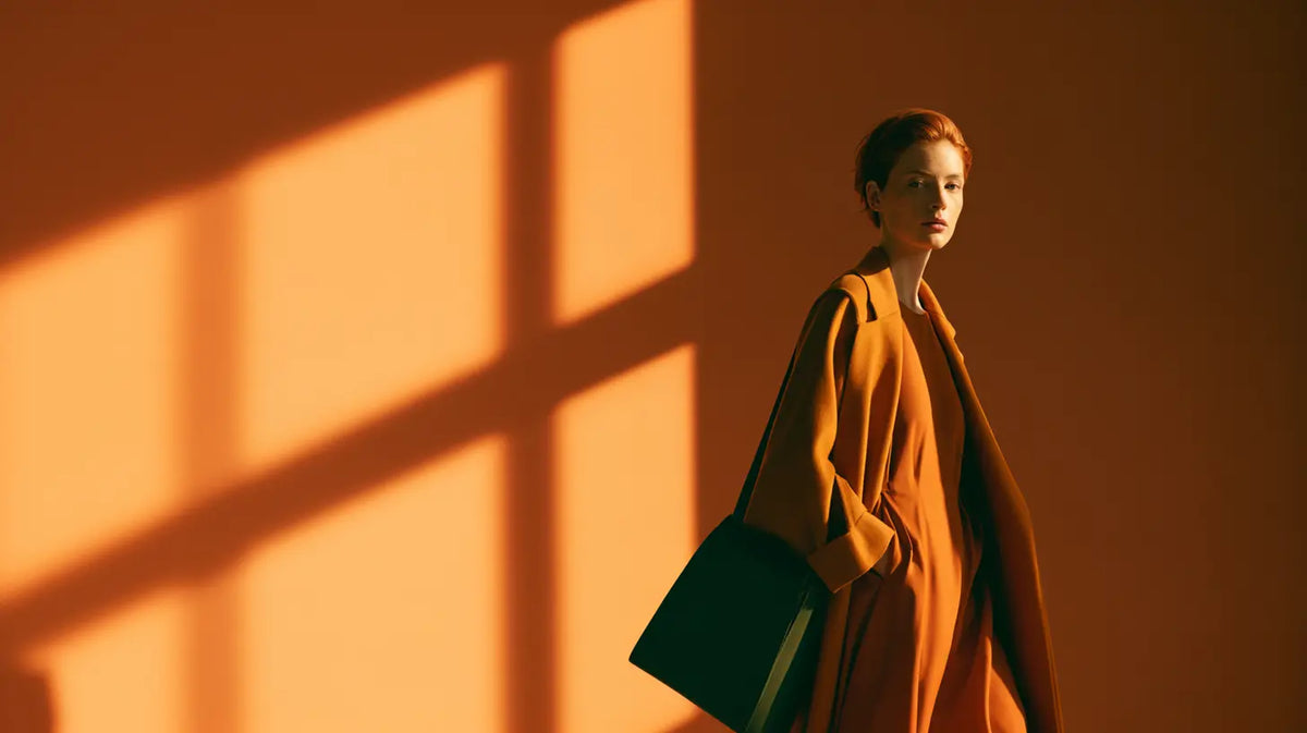 Frau im rost-ockerfarbenen Kleid mit Camel-Mantel vor warmer Rostwand, Editorial-Licht – KI-generiert