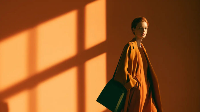Frau im rost-ockerfarbenen Kleid mit Camel-Mantel vor warmer Rostwand, Editorial-Licht – KI-generiert