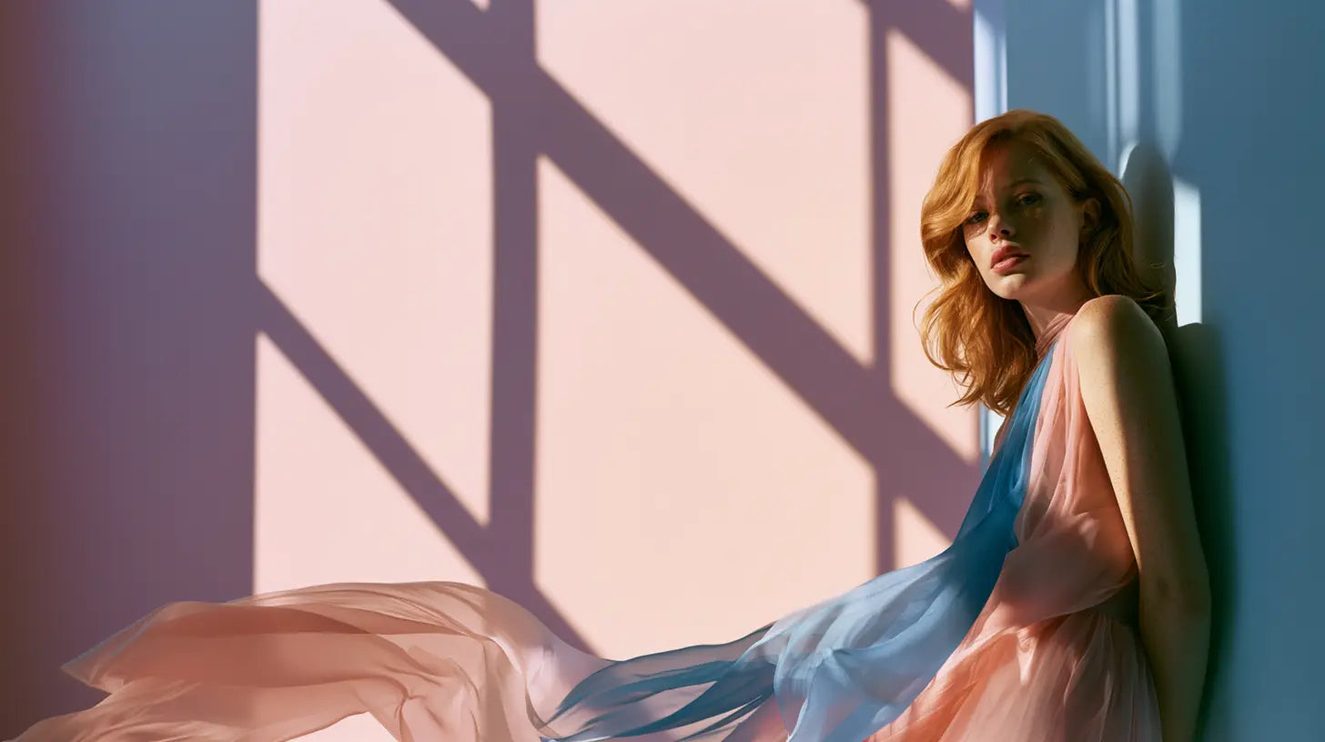 Frau im Color-Blocking-Pastellkleid mit Kobalt-Akzent vor zarter Pastellwand – KI-generiert