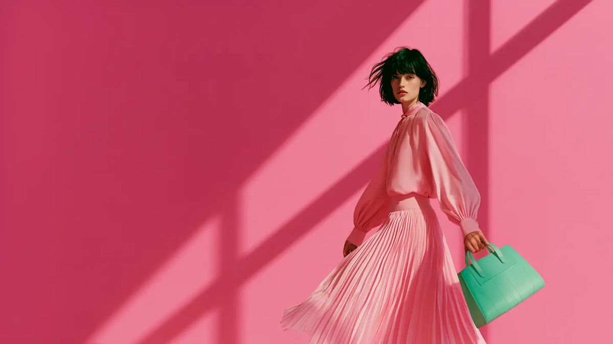 Frau im rosa Plisseerock mit Bluse und mintgrüner Tasche vor pinkfarbener Wand, Editorial-Look @KI-Illustration: Midjourney