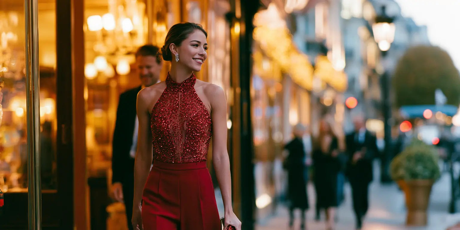 Frau im roten festlichen Jumpsuit mit Pailletten-Oberteil und Clutch, abends unterwegs zum Dinner mit Begleitung – KI-Illustration