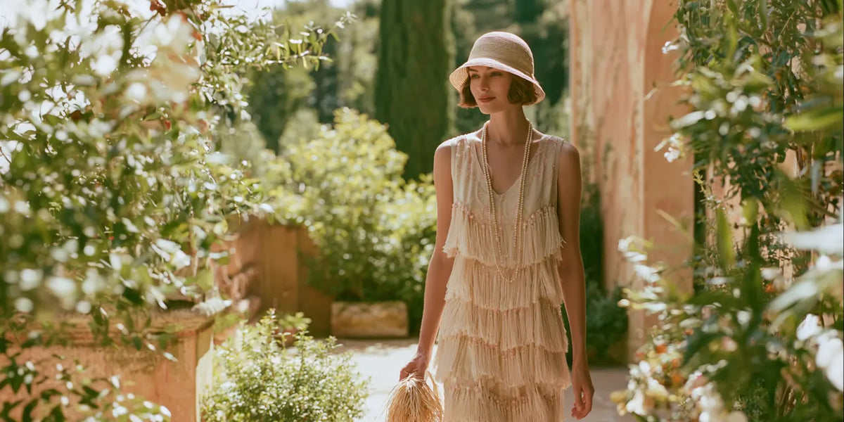 Frau im cremefarbenen Fransen-Flapperkleid mit Strohglockenhut, langer Perlenkette und Bast-Tasche auf einer sonnigen mediterranen Gartenterrasse – KI-Illustration