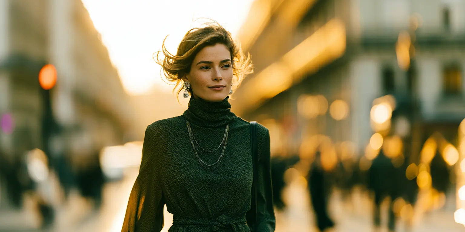 Frau im dunkelgrünen Rollkragenkleid mit langer Kette flaniert durch die herbstliche Stadt – KI-Illustration