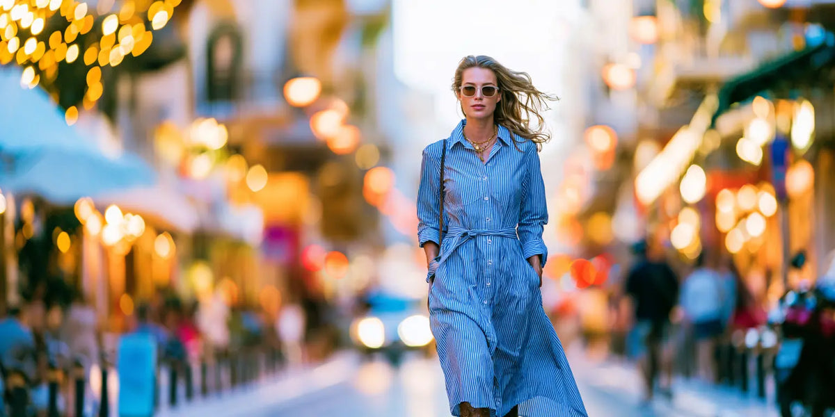 Frau im blau-weiß gestreiften langen Blusenkleid mit Gürtel flaniert durch eine lebendige Stadt – KI-Illustration