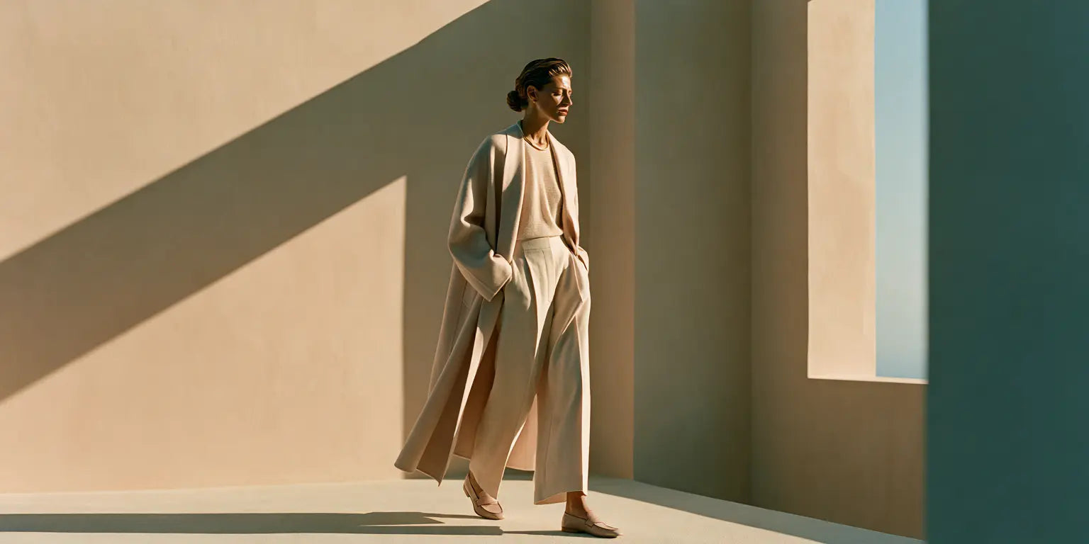 Frau im monochromen cremefarbenen Look – langer Mantel, Feinstrick und weite Hose – in einer minimalistischen Architektur mit klarem Schattenspiel – KI-Illustration