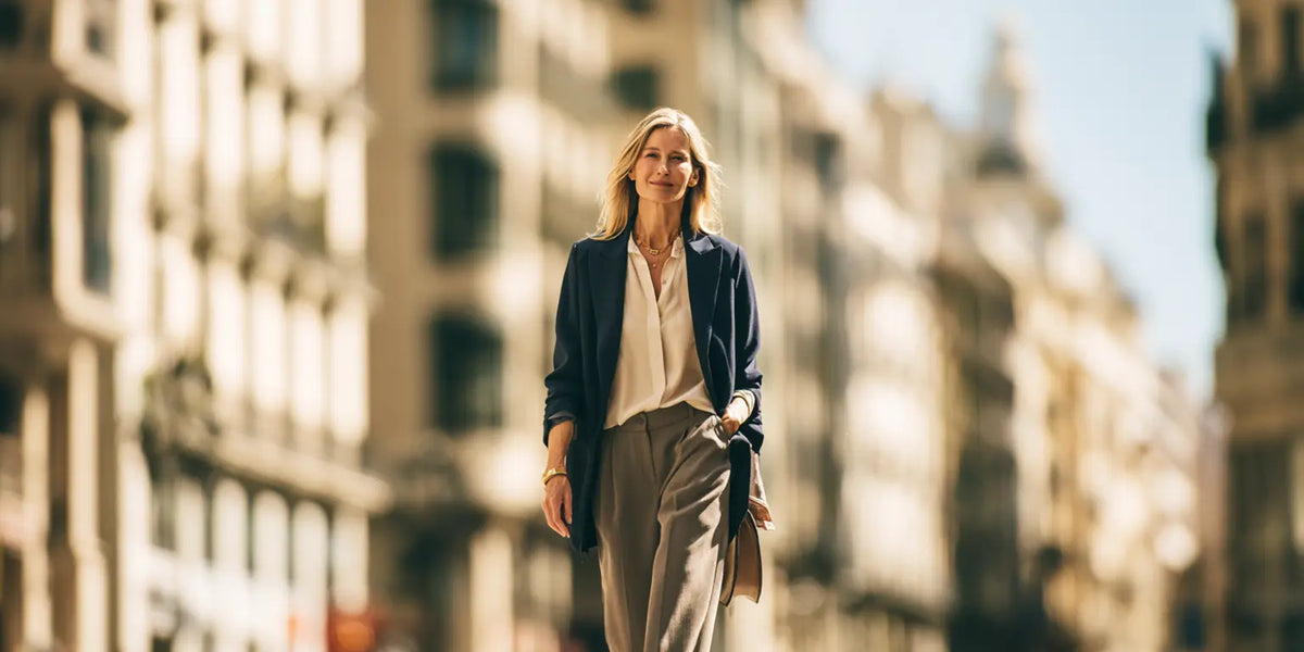 Frau in Marineblazer, cremefarbener Bluse und heller Stoffhose in sonniger Stadt – KI-Illustration