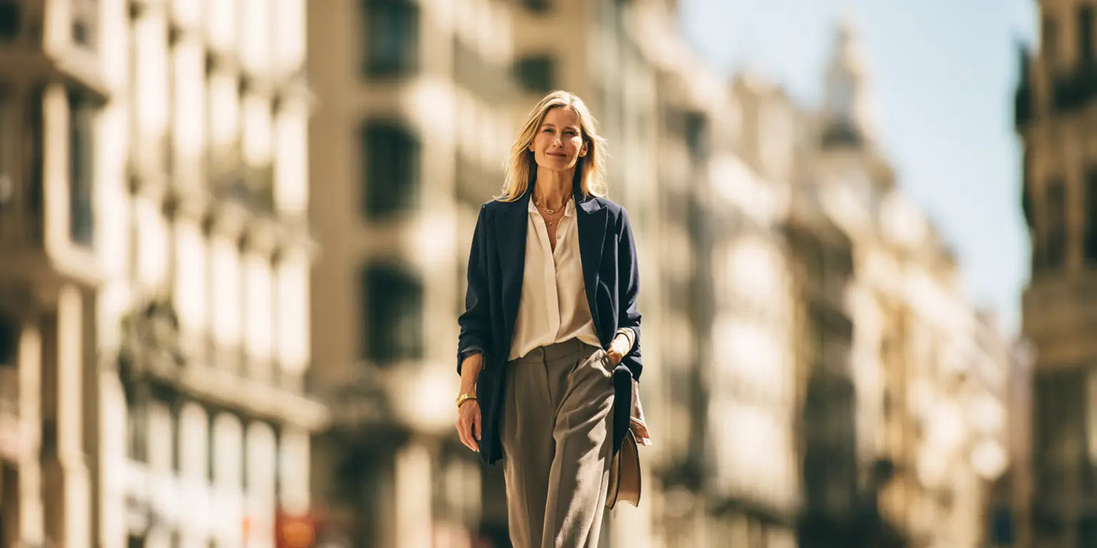 Frau in Marineblazer, cremefarbener Bluse und heller Stoffhose in sonniger Stadt – KI-Illustration