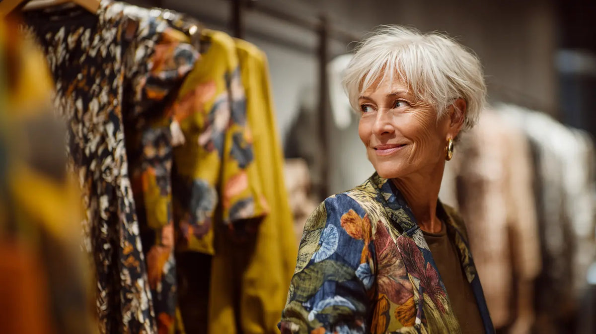 Stilvolle Frau mit grauem Kurzhaarschnitt im floralen Blazer  @KI-Illustration