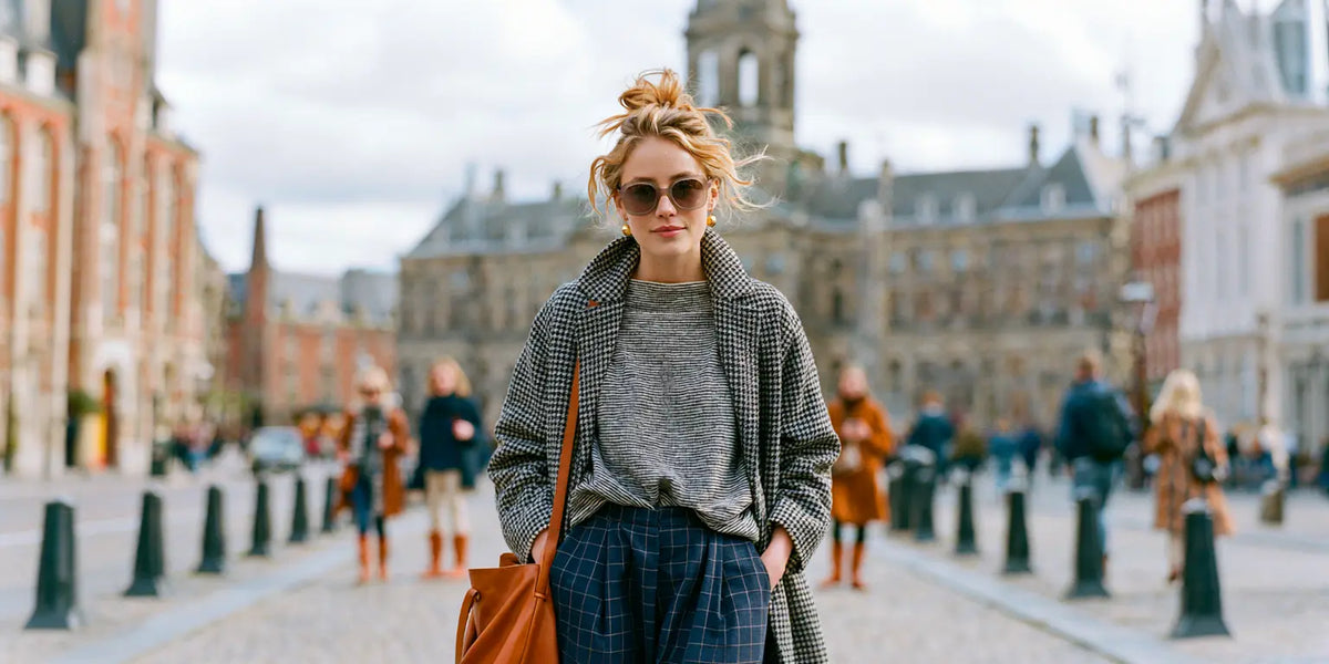 Frau im Streetstyle mit Hahnentritt-Mantel, meliertem Strickpulli und Karo-Hose, Cognac-Tasche, vor unscharfer Altstadt-Kulisse – KI-Illustration