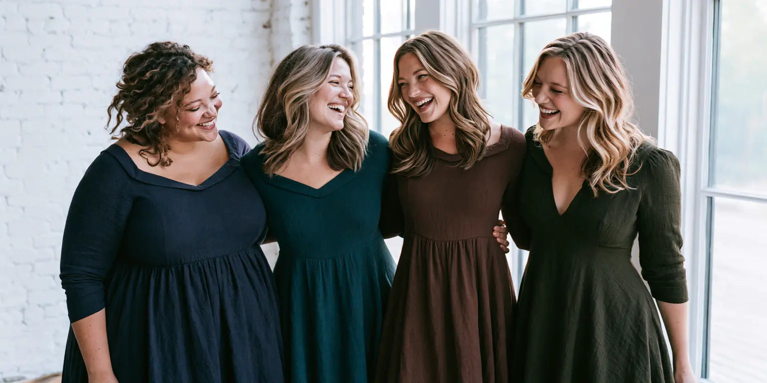 Vier Frauen mit unterschiedlichen Figuren in dunklen Kleidern lachen gemeinsam – KI-Illustration