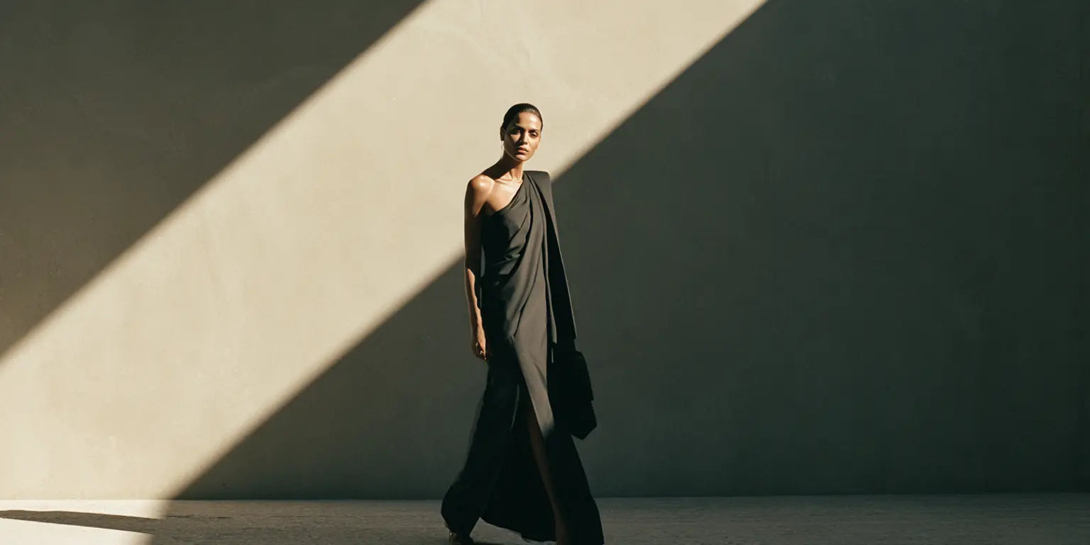 Frau im schwarzen asymmetrischen One-Shoulder-Kleid mit einer freien Schulter vor minimalistischer Betonwand mit diagonalem Lichtspiel – KI-Illustration