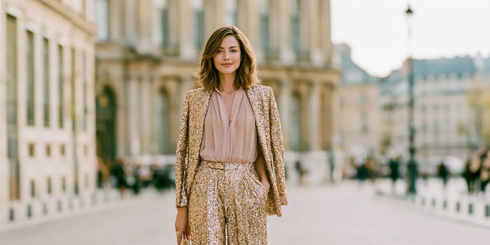 Frau in goldener Paillettenhose mit zartrosa Chiffonbluse, passendem Pailletten-Blazer und Clutch auf einer eleganten Pariser Straße – KI-Illustration