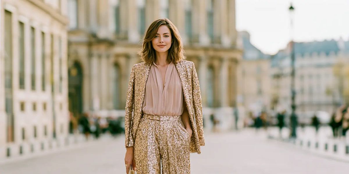 Frau in goldener Paillettenhose mit zartrosa Chiffonbluse, passendem Pailletten-Blazer und Clutch auf einer eleganten Pariser Straße – KI-Illustration