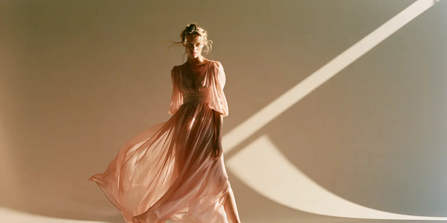 Frau in fließendem Maxikleid aus blush-farbenem Chiffon mit Puffärmeln, in Bewegung vor warmem Hintergrund mit Schattenspiel – KI-Illustration
