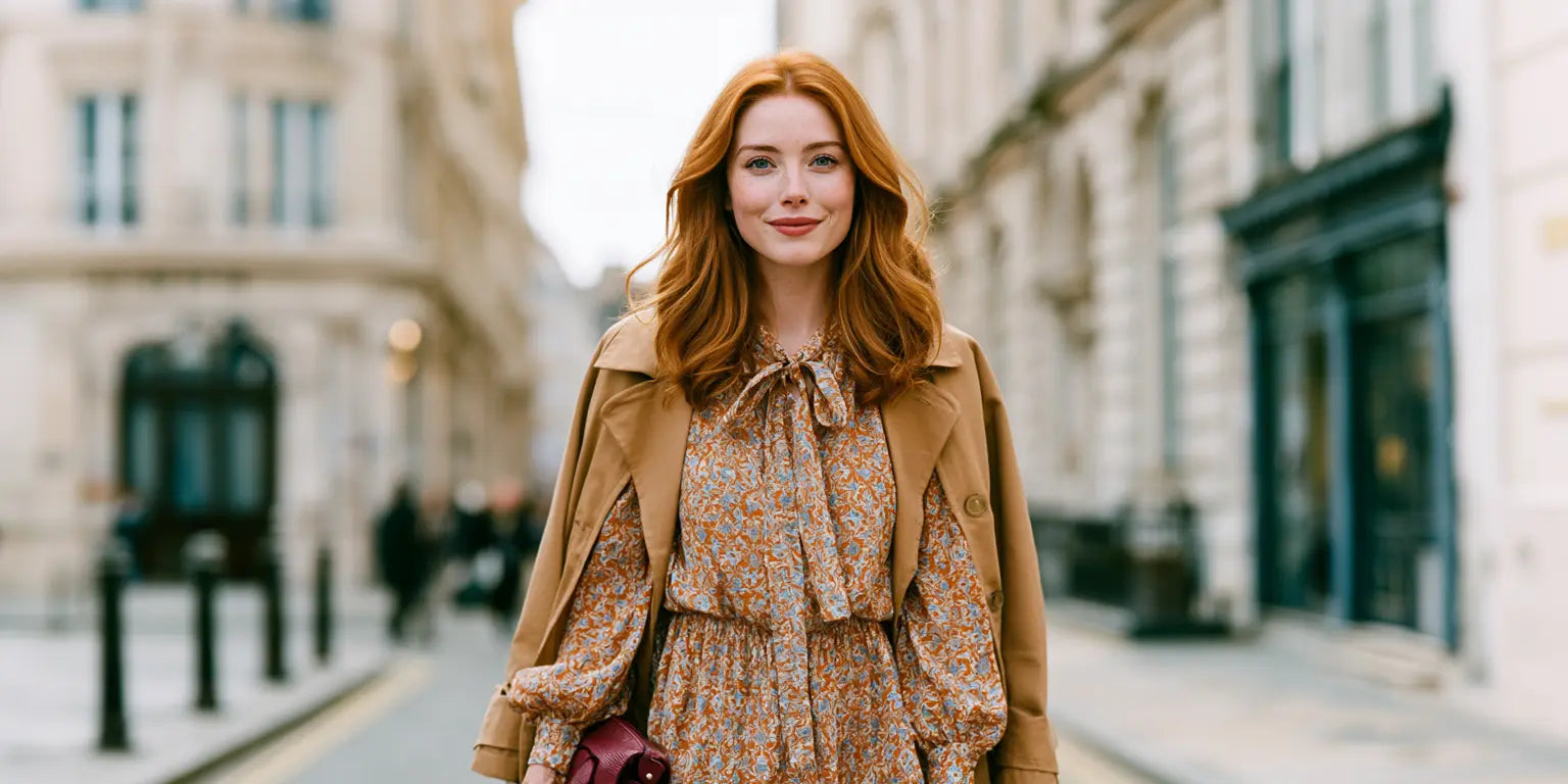 Rothaarige Frau im geblümten Schluppenkleid mit camelfarbenem Trenchcoat und beerenfarbener Tasche auf einer Pariser Altstadtstraße – KI-Illustration