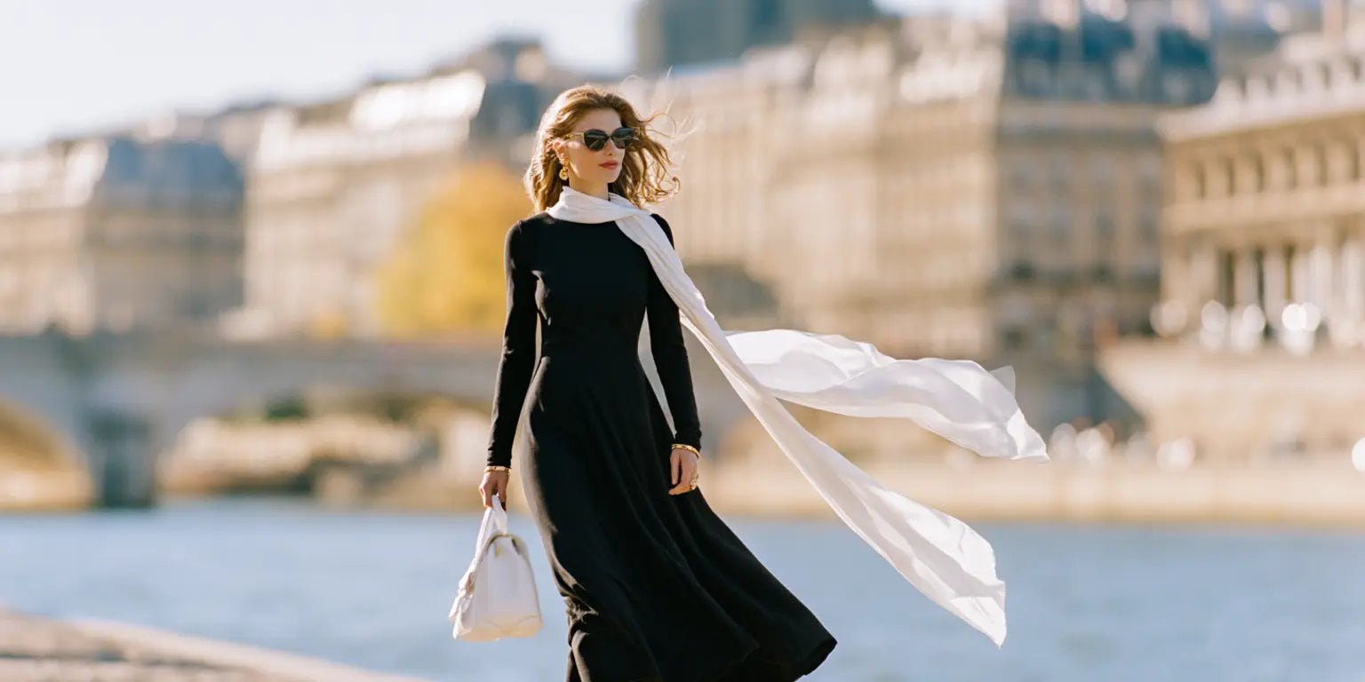 Frau im schwarzen Langarm-Midikleid mit wehendem weißem Seidenschal am Seine-Ufer in Paris – KI-Illustration