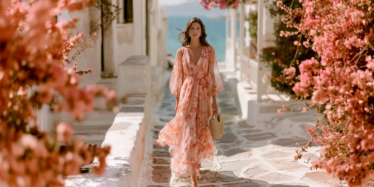 Frau im korallenfarbenen semitransparenten Blumen-Chiffonkleid mit durchscheinenden Ballonärmeln und Bast-Tasche in einer sonnigen mediterranen Gasse mit Bougainvillea und Meerblick – KI-Illustration