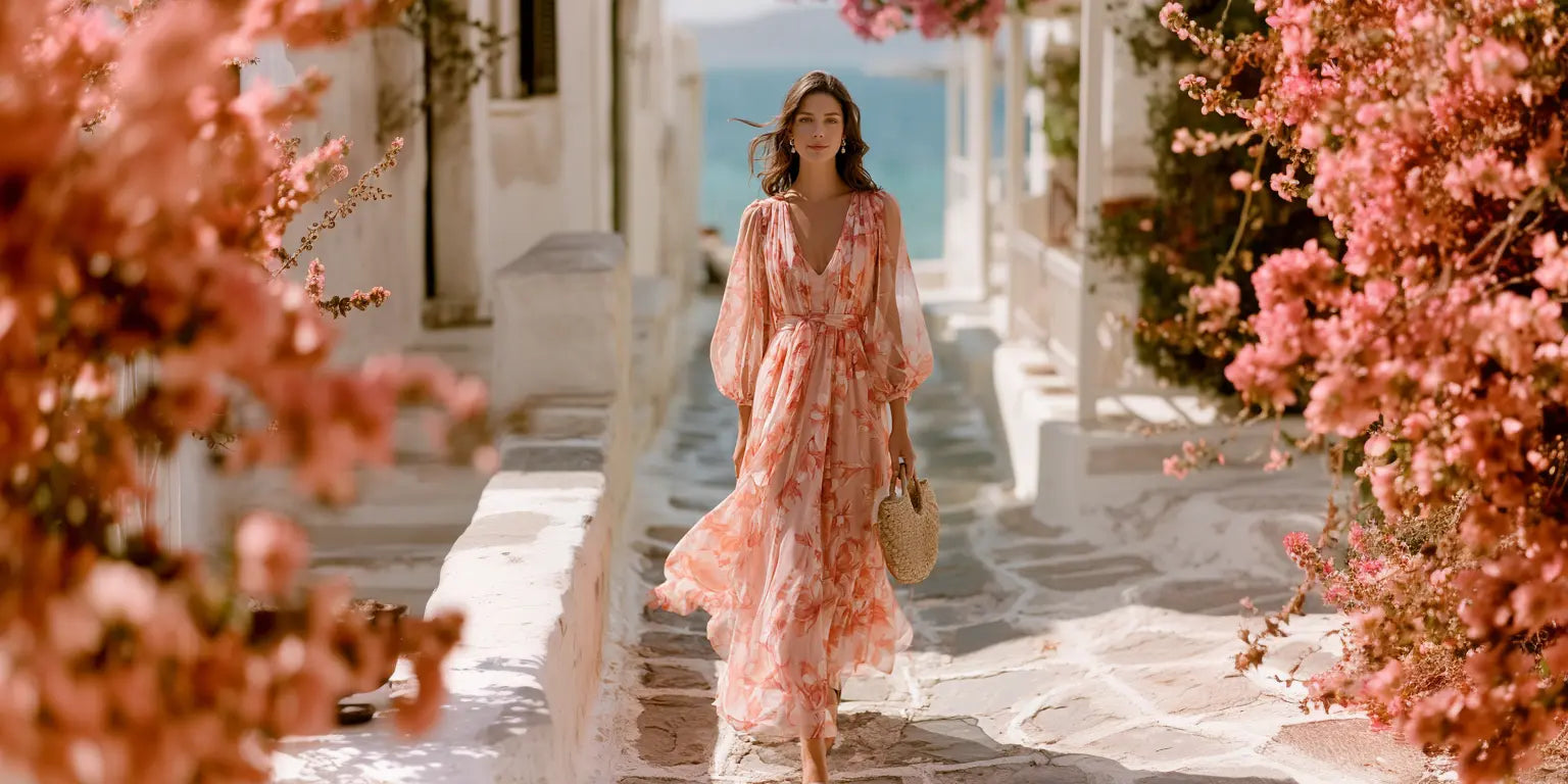 Frau im korallenfarbenen semitransparenten Blumen-Chiffonkleid mit durchscheinenden Ballonärmeln und Bast-Tasche in einer sonnigen mediterranen Gasse mit Bougainvillea und Meerblick – KI-Illustration