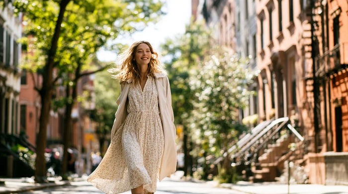 Frau im cremefarbenen Übergangskleid mit Blumenprint und offenem Trenchcoat, lachend auf einer sonnigen New Yorker Straße (KI-generiert)