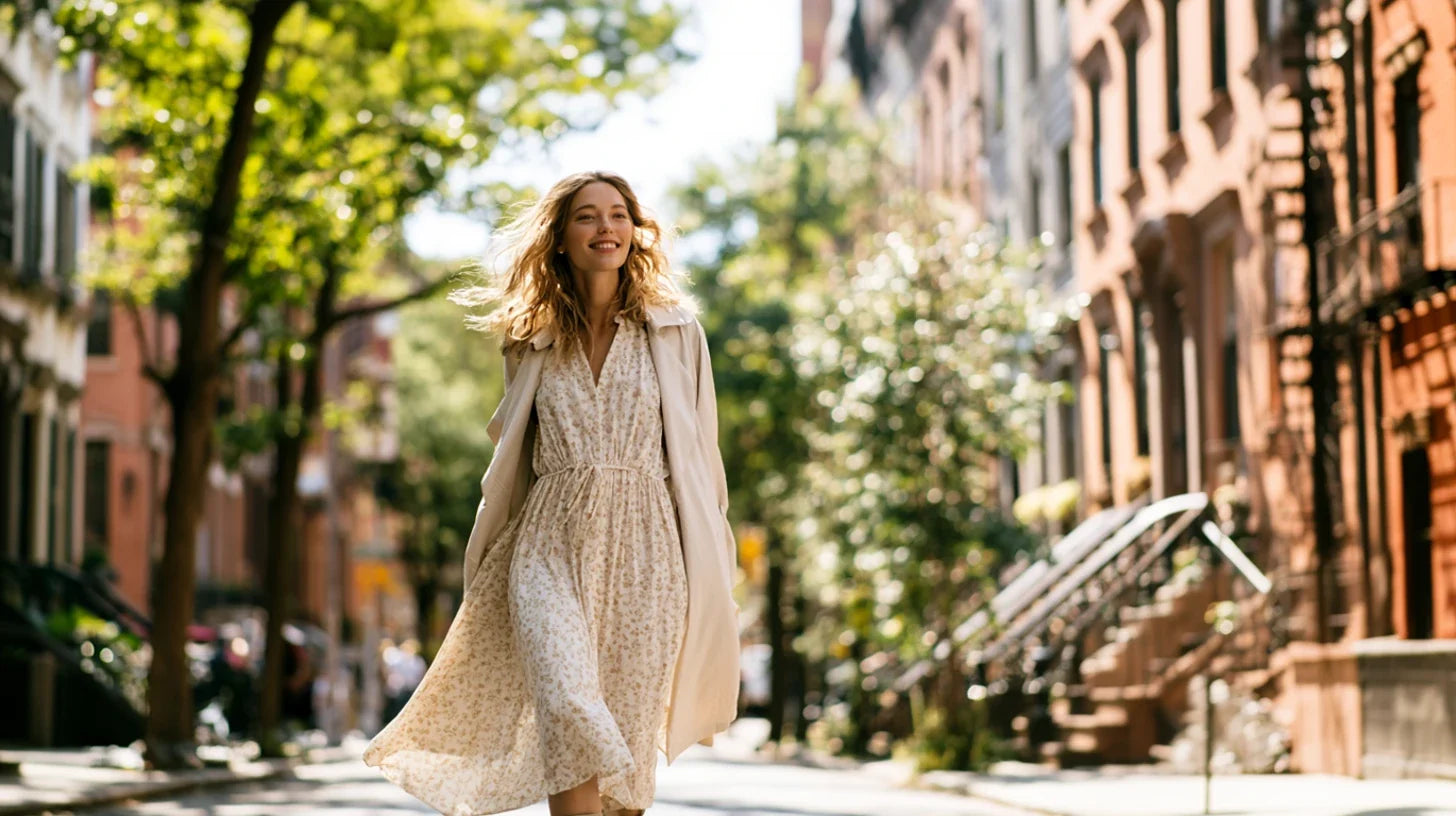 Frau im cremefarbenen Übergangskleid mit Blumenprint und offenem Trenchcoat, lachend auf einer sonnigen New Yorker Straße (KI-generiert)