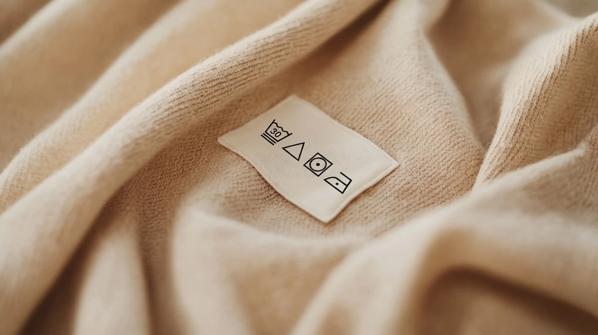 Nahaufnahme eines cremefarbenen Pflegeetiketts mit Waschsymbolen auf weicher Strickware 