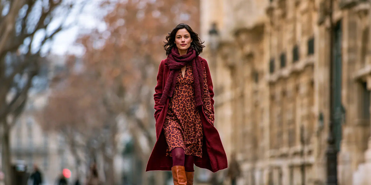 Frau im Leo-Kleid mit weinrotem Mantel, Schal und Cognac-Stiefeln auf Winterstraße – KI-Illustration