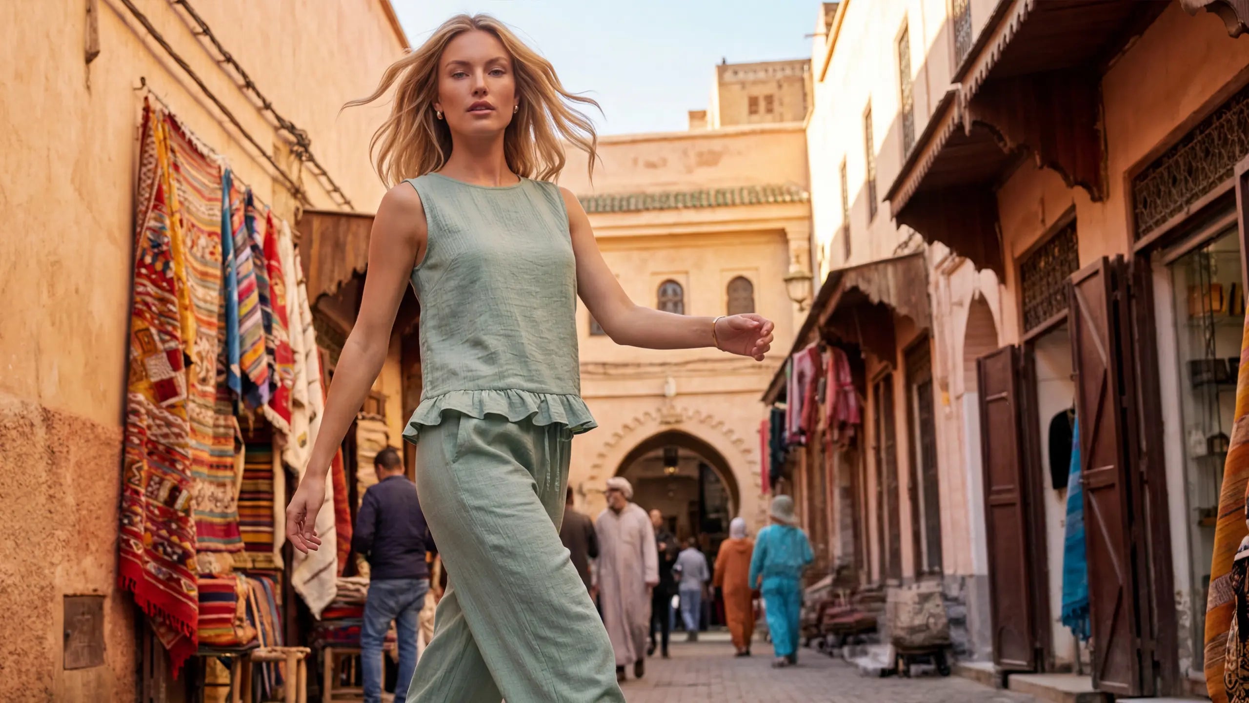 Ana Alcazar Zweiteiler für den Sommer im Mintfarbenem Crep - KI generiert