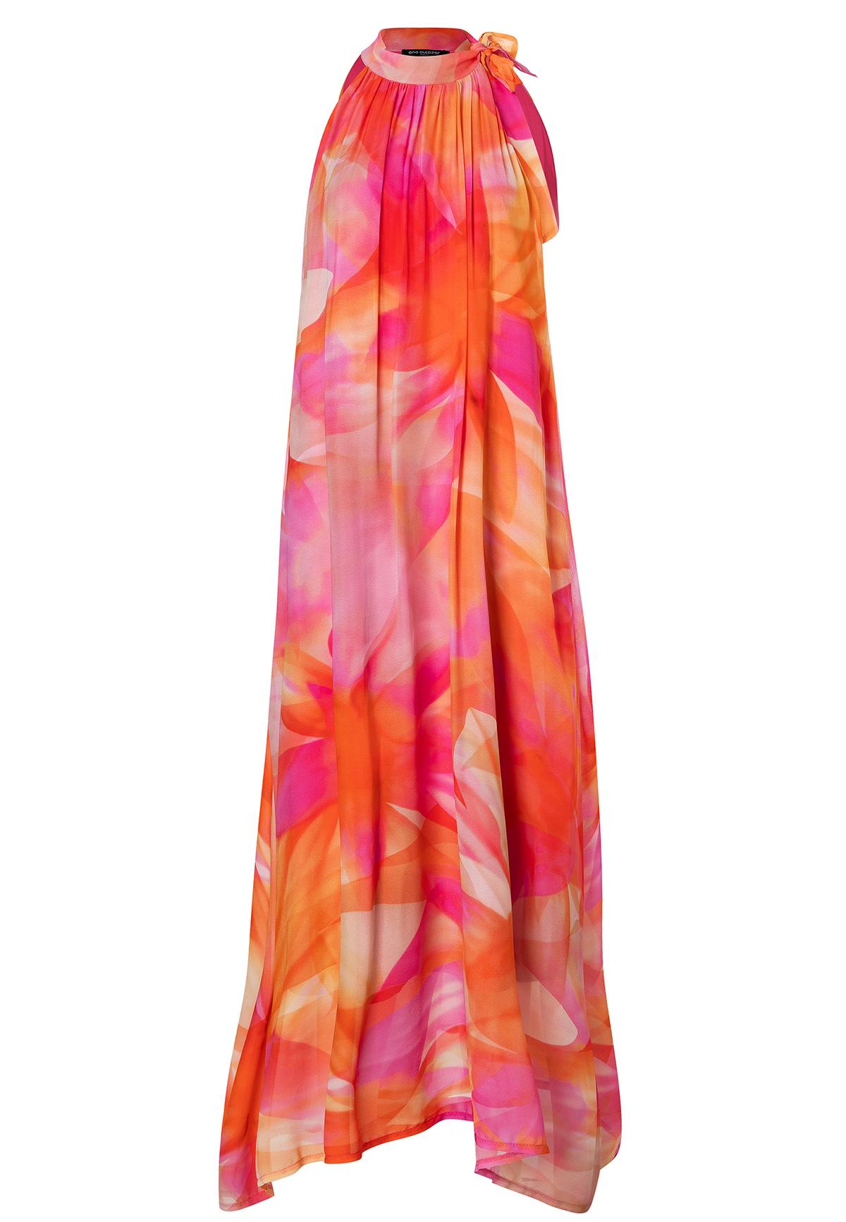 Zelia maxi dress with halterneck in chiffon in pink & orange