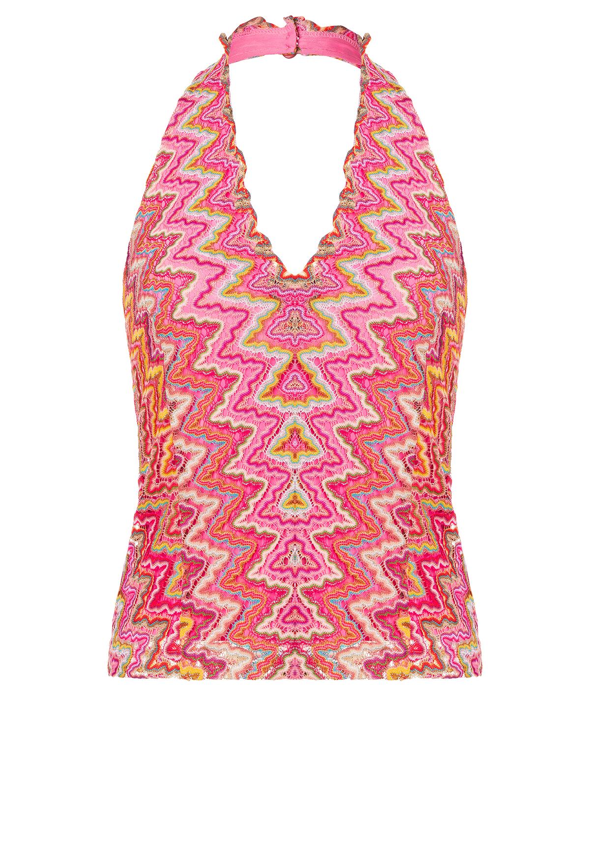 70s knitted top Piali with halter neck in pink, red & yellow
