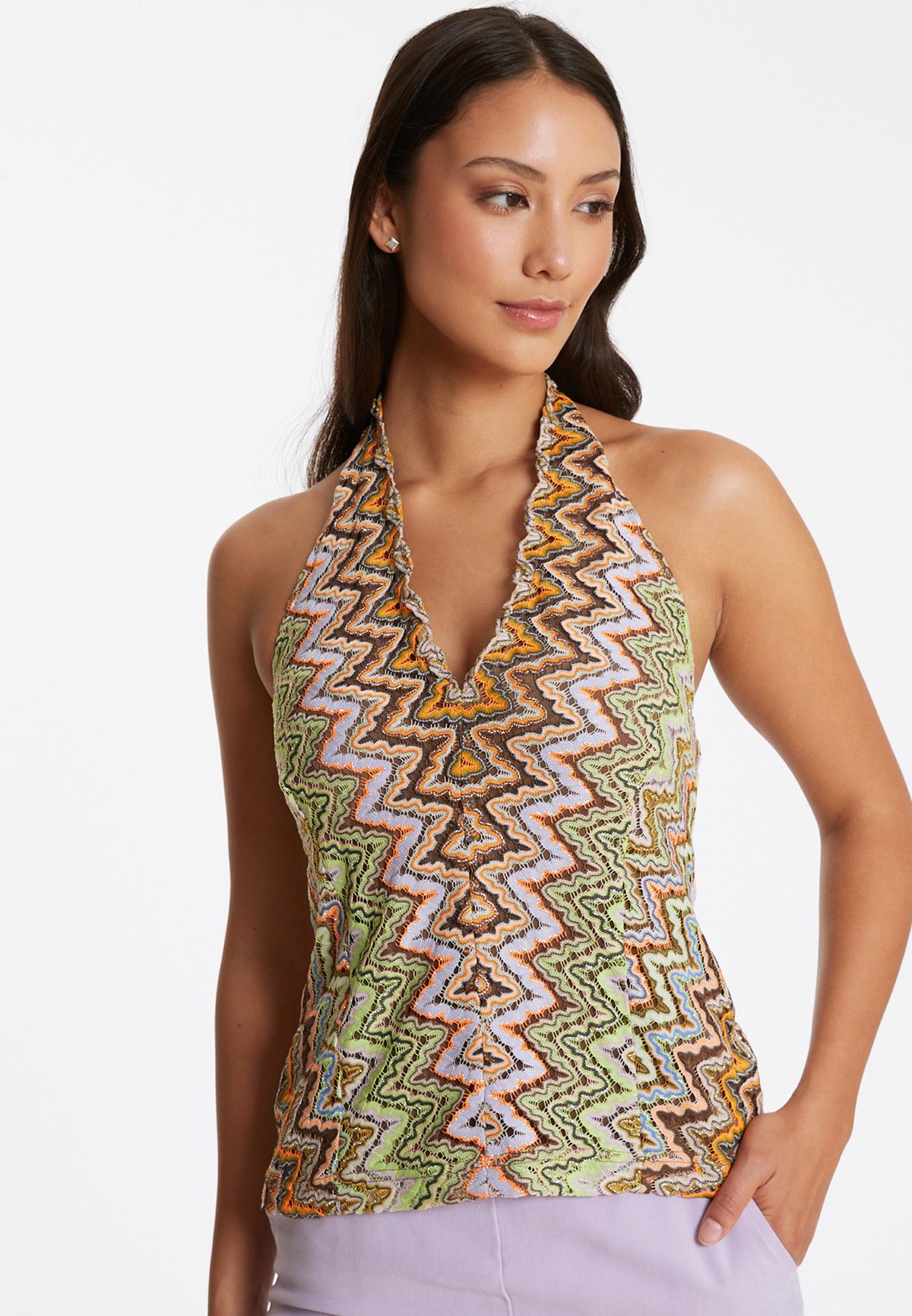 70s knitted top Paelie with halter neck in green & orange