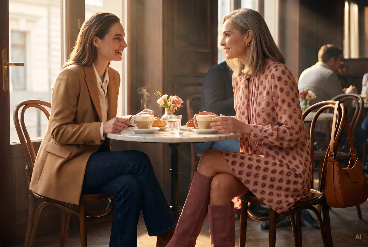 Mutter und Tochter beim Brunch, Mutter im rosa Chiffonkleid Eopathy – KI-Illustration