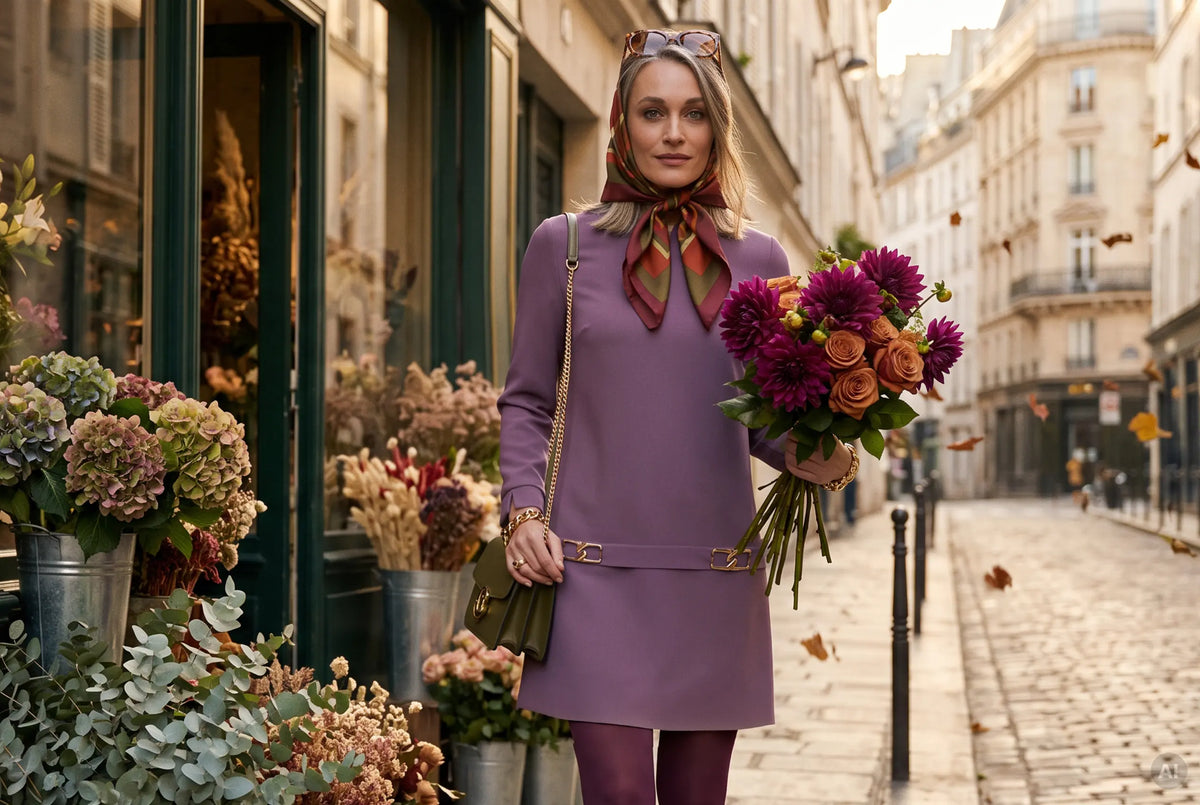 Frau im mauvefarbenen Tunikakleid Enlamoy mit Blumenstrauß in Paris – KI-Illustration