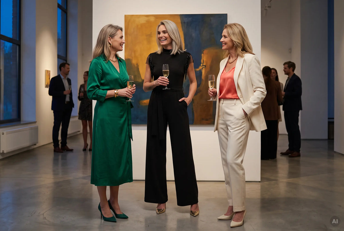 Drei Freundinnen auf einer Vernissage, Mitte im schwarzen Jumpsuit Elora – KI-Illustration