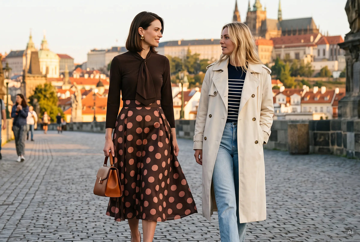 Polkadot Rock mit Schluppentop getragen in Prag - KI-generiert
