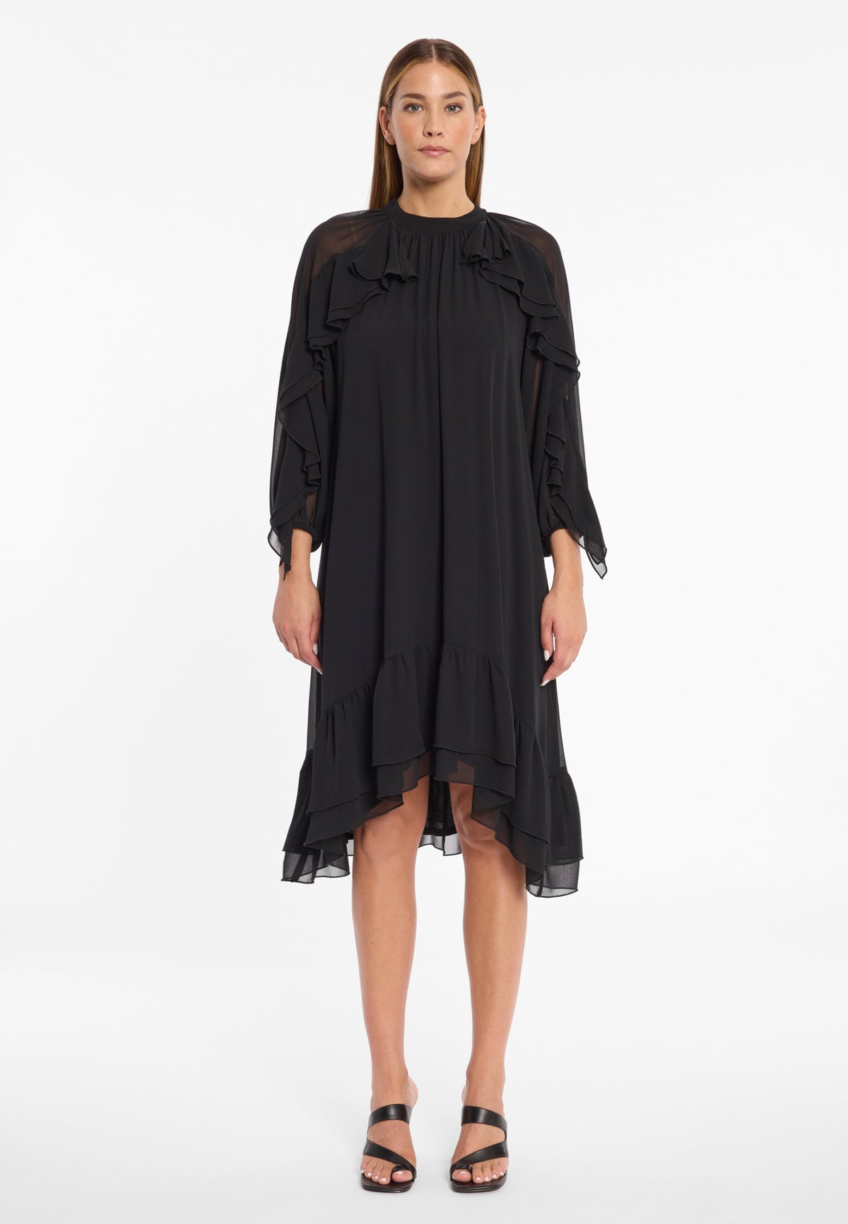 black chiffon dress midi Ablya midi dress in black chiffon with ruffles