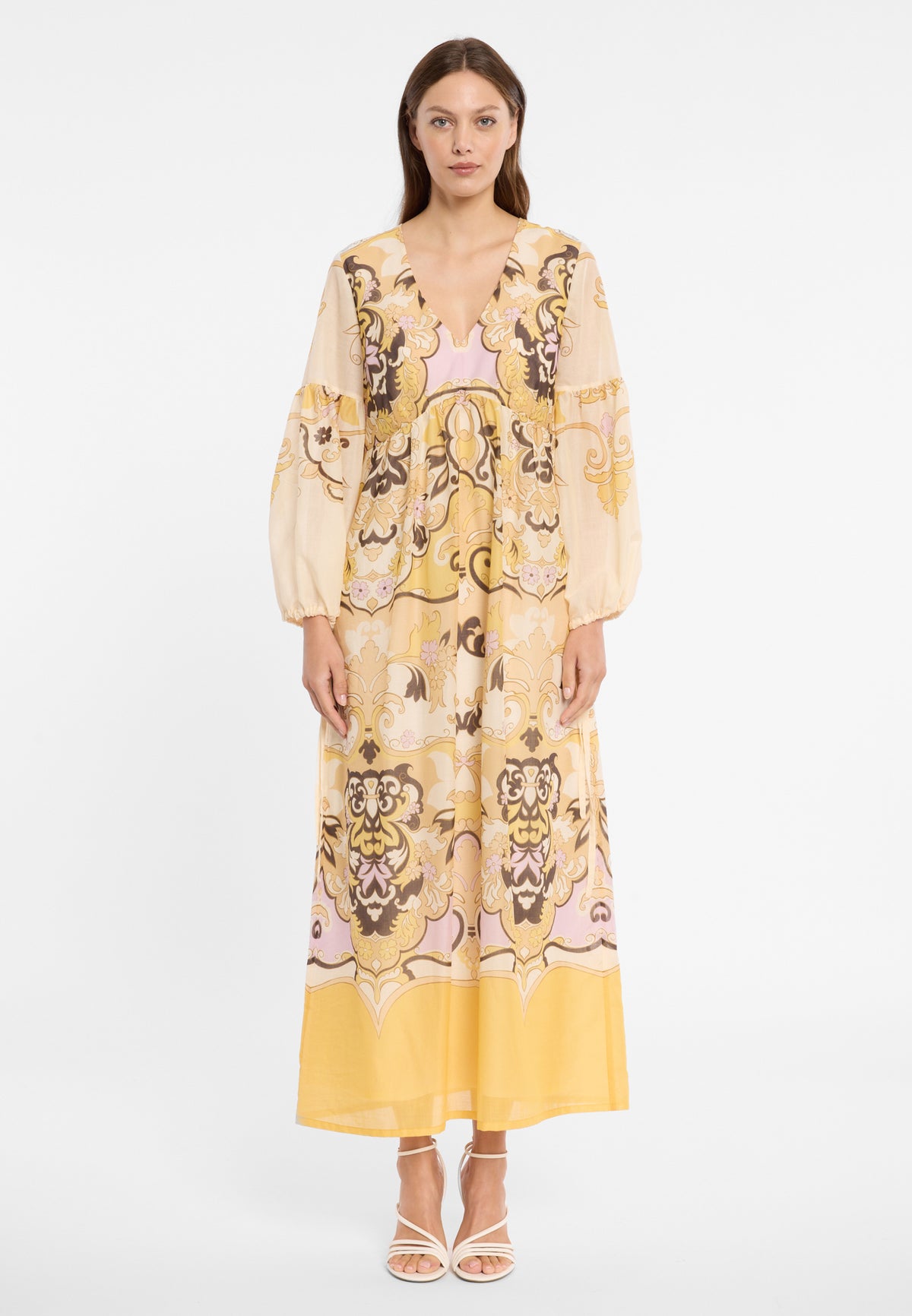 Long boho dress Dorexon with ethnic pattern in yellow