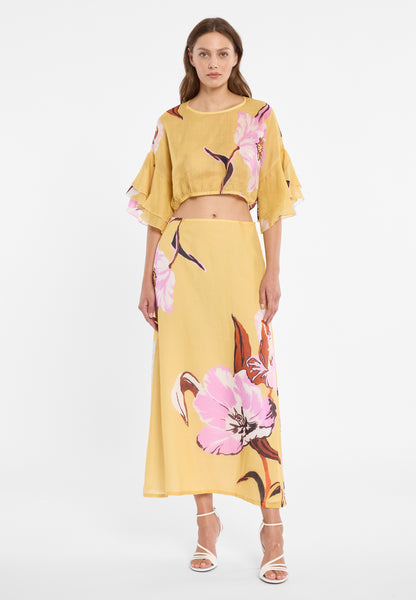 Maxi skirt Doremix in yellow with pink floral print