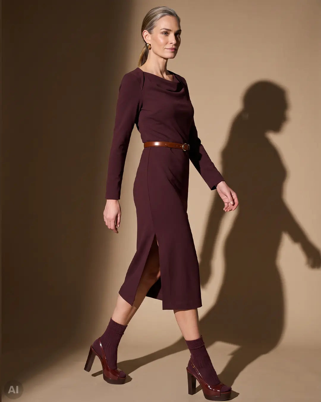 Best Ager Frau trägt bordeauxfarbenes Midikleid mit Gürtel - KI generiert